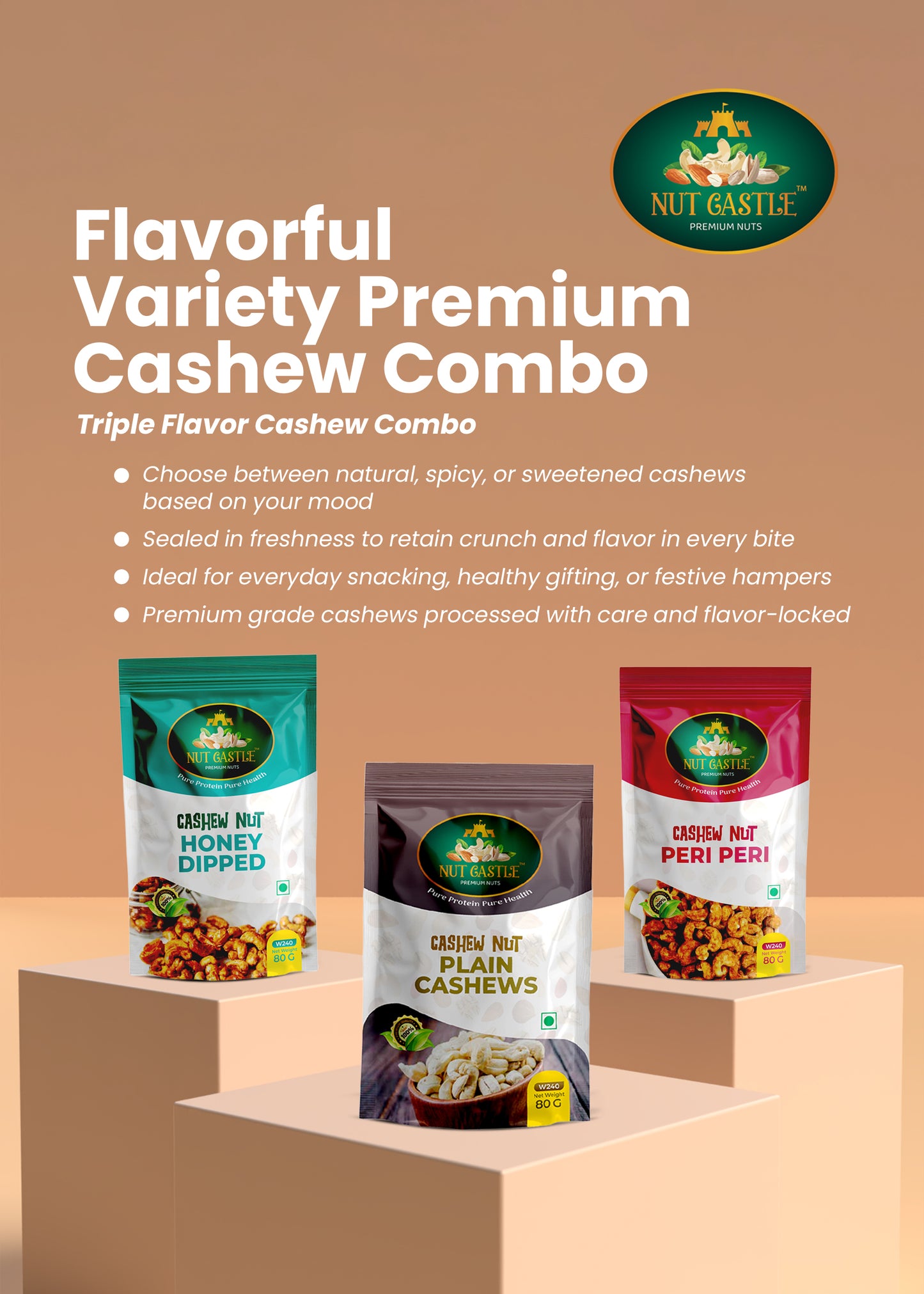Nut Castle Cashew Trio Combo | Plain, Peri Peri & Honey Dipped Cashews | 3 x 80g Packs
