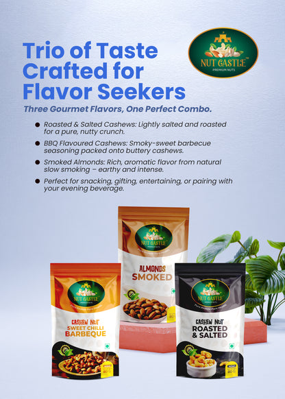 Nut Castle Trio Combo | Roasted Salted Cashews, BBQ Cashews & Smoked Almonds | 3 x 80g Packs