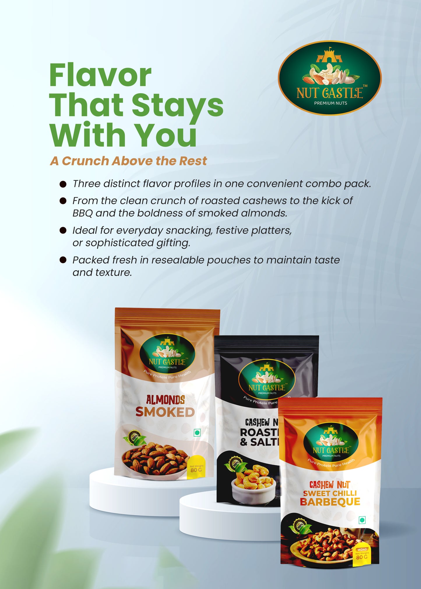 Nut Castle Trio Combo | Roasted Salted Cashews, BBQ Cashews & Smoked Almonds | 3 x 80g Packs