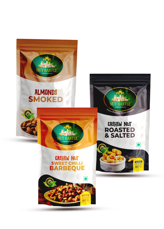Nut Castle Trio Combo | Roasted Salted Cashews, BBQ Cashews & Smoked Almonds | 3 x 80g Packs
