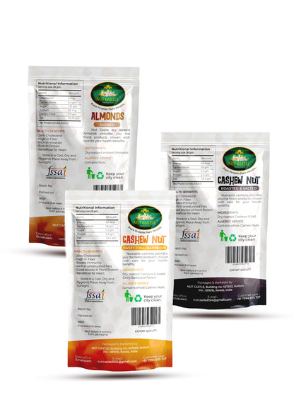 Nut Castle Trio Combo | Roasted Salted Cashews, BBQ Cashews & Smoked Almonds | 3 x 80g Packs