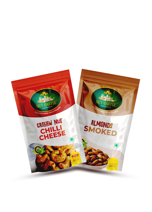 Nut Castle Smoked Almonds & Chilli Cheese Cashews Combo | 2 x 80g Packs