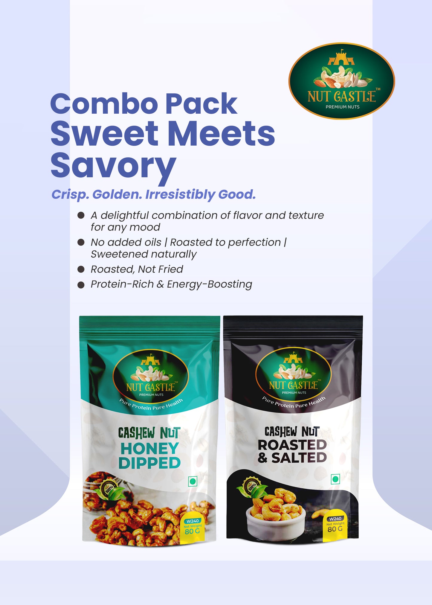 Nut Castle Cashew Combo | Dry Roasted Salted & Honey Dipped | 2 x 80g Packs