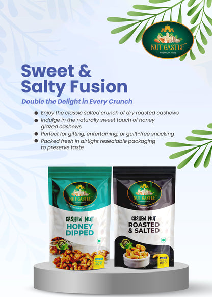 Nut Castle Cashew Combo | Dry Roasted Salted & Honey Dipped | 2 x 80g Packs