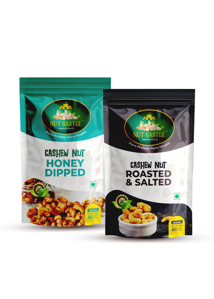 Nut Castle Cashew Combo | Dry Roasted Salted & Honey Dipped | 2 x 80g Packs