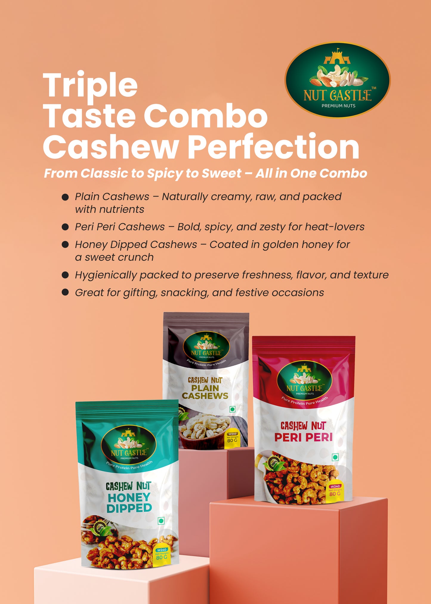 Nut Castle Cashew Trio Combo | Plain, Peri Peri & Honey Dipped Cashews | 3 x 80g Packs