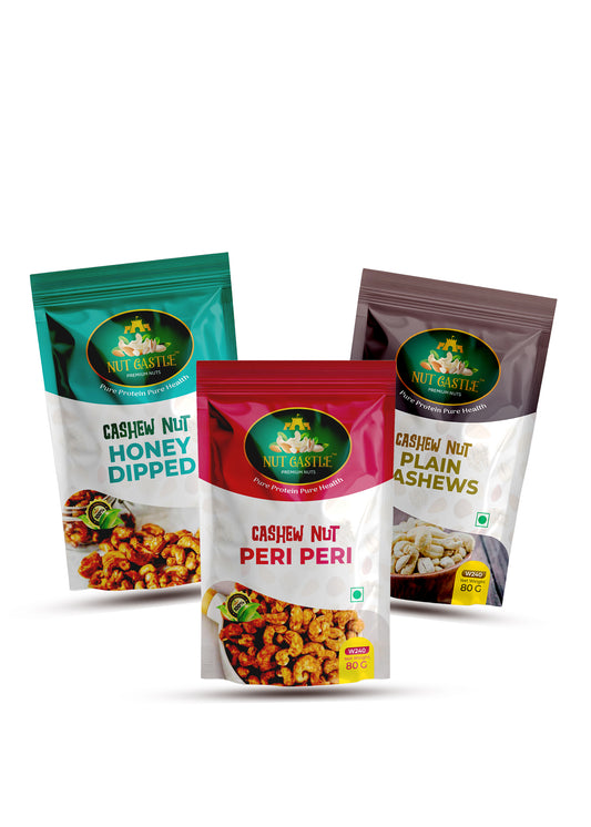 Nut Castle Cashew Trio Combo | Plain, Peri Peri & Honey Dipped Cashews | 3 x 80g Packs