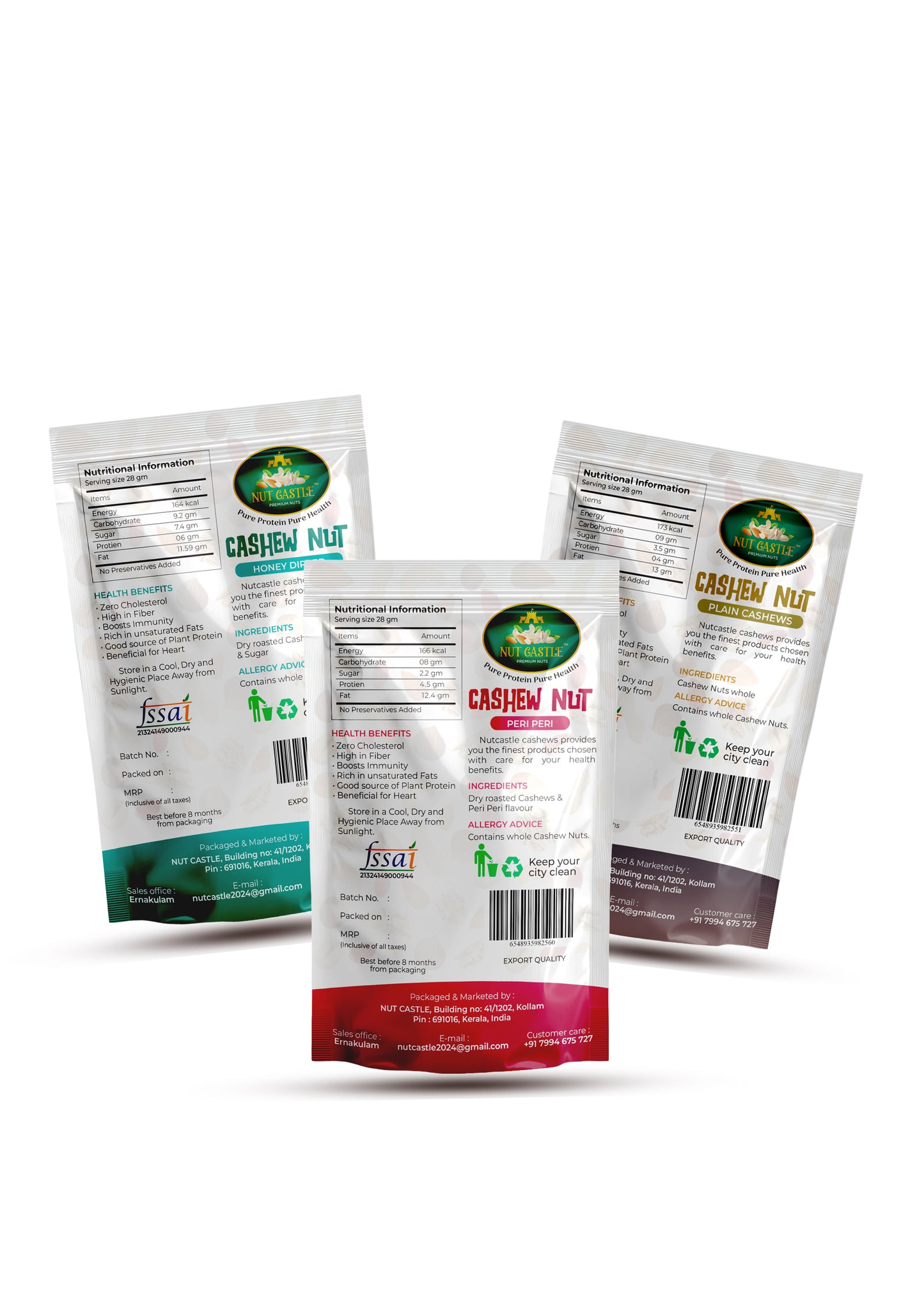 Nut Castle Cashew Trio Combo | Plain, Peri Peri & Honey Dipped Cashews | 3 x 80g Packs