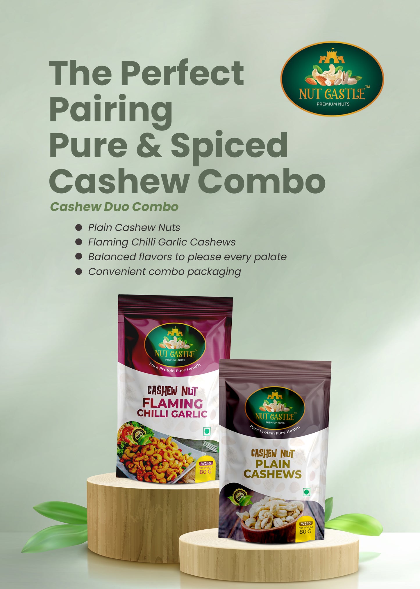 Nut Castle Cashew Combo | Plain & Flaming Chilli Garlic | 2 x 80g Packs