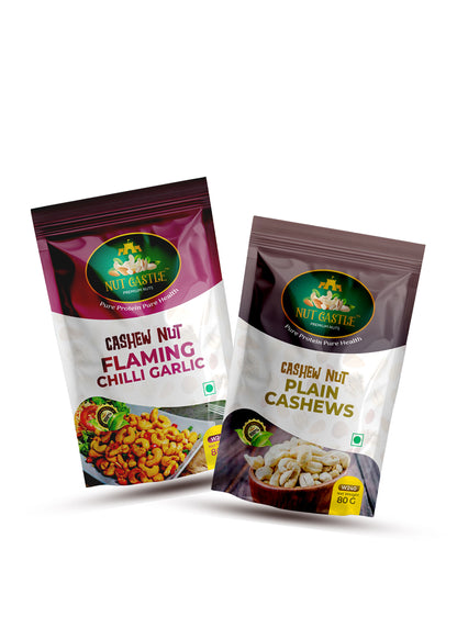 Nut Castle Cashew Combo | Plain & Flaming Chilli Garlic | 2 x 80g Packs