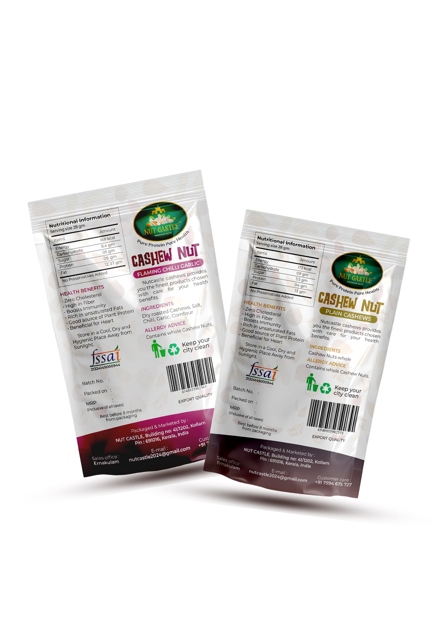 Nut Castle Cashew Combo | Plain & Flaming Chilli Garlic | 2 x 80g Packs