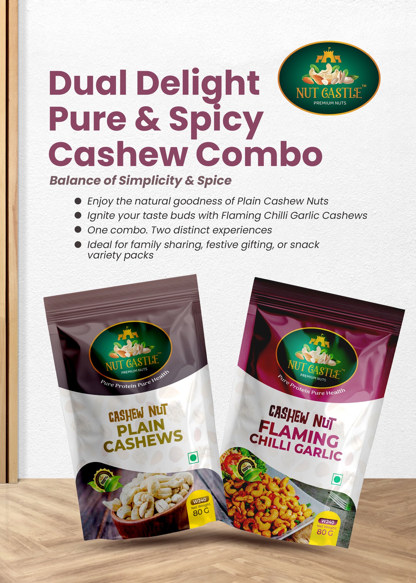 Nut Castle Cashew Combo | Plain & Flaming Chilli Garlic | 2 x 80g Packs